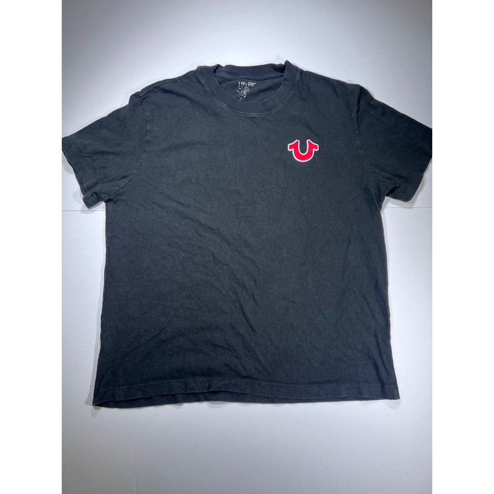 True Religion T-Shirt Mens Large Black Graphic Buddha Horseshoe Logo Tee